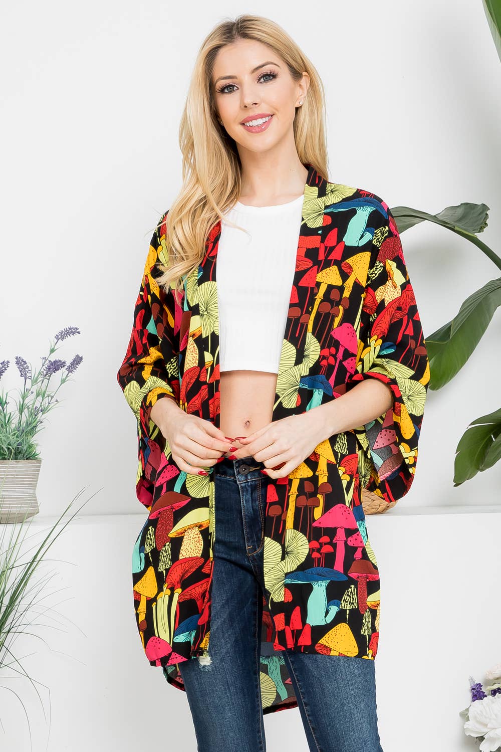 Mushroom Print Kimono - Black