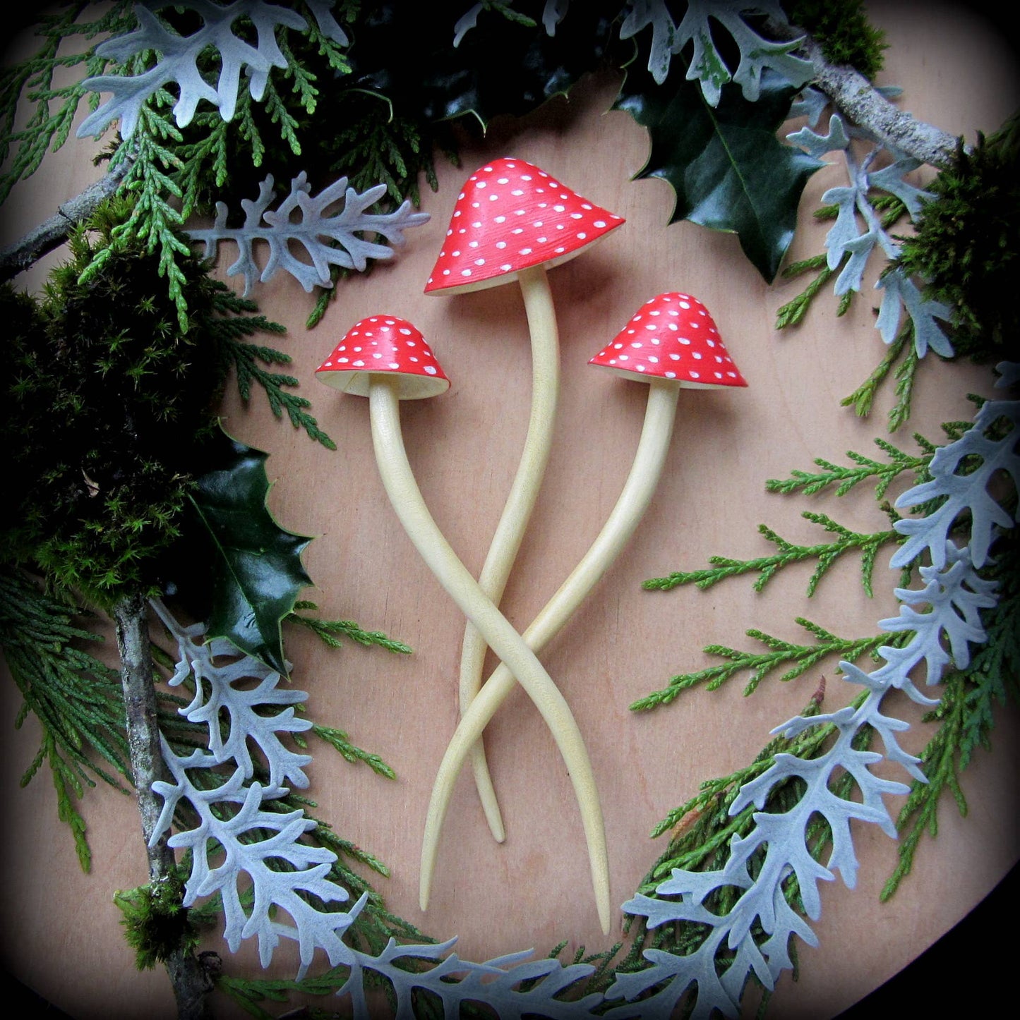 Three dimensional carved wooden mushroom hair stick, red