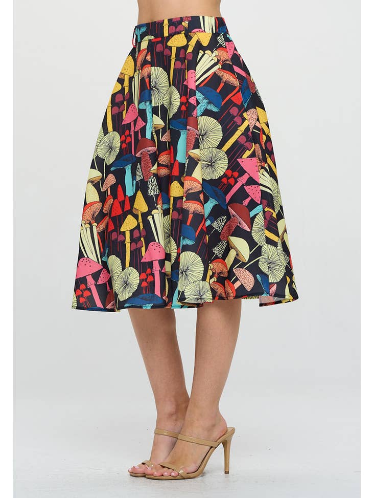 Mushroom Print Skirt with Pockets!- Black