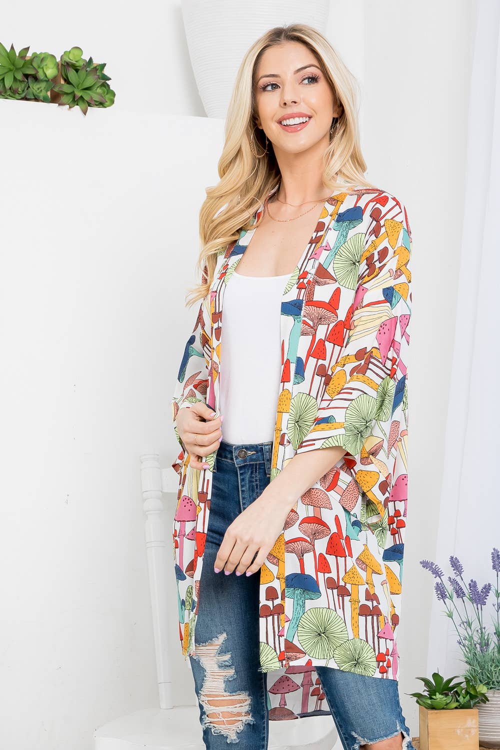 Mushroom Print Kimono - White