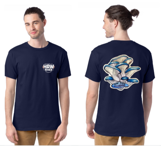 man wearing Haw River Mushrooms tshirt with original mushroom art