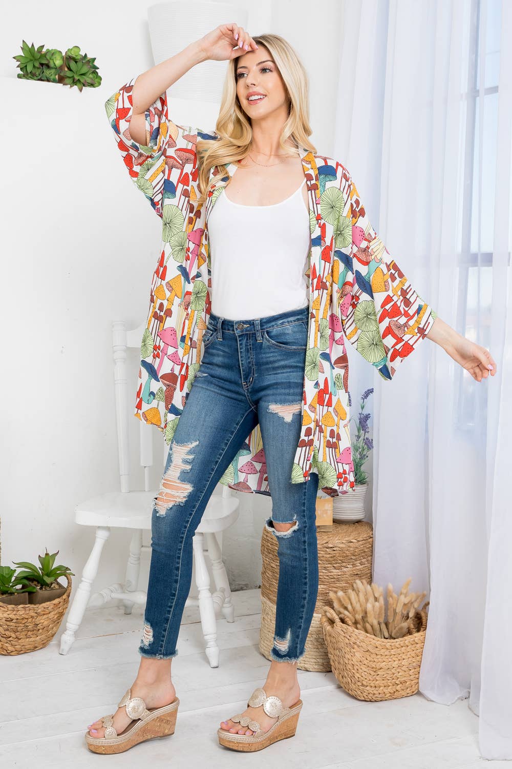 Mushroom Print Kimono - White