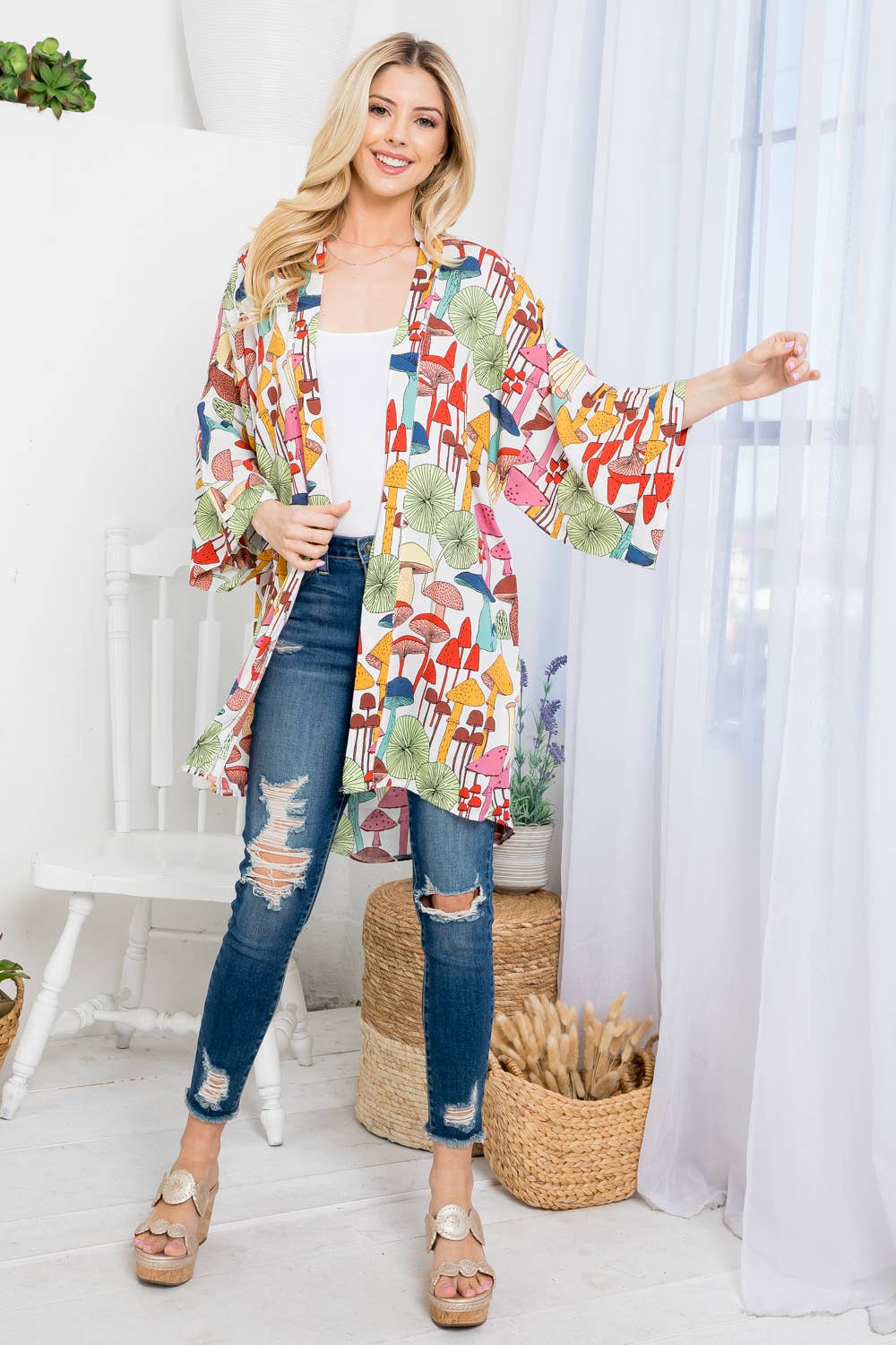 Mushroom Print Kimono - White