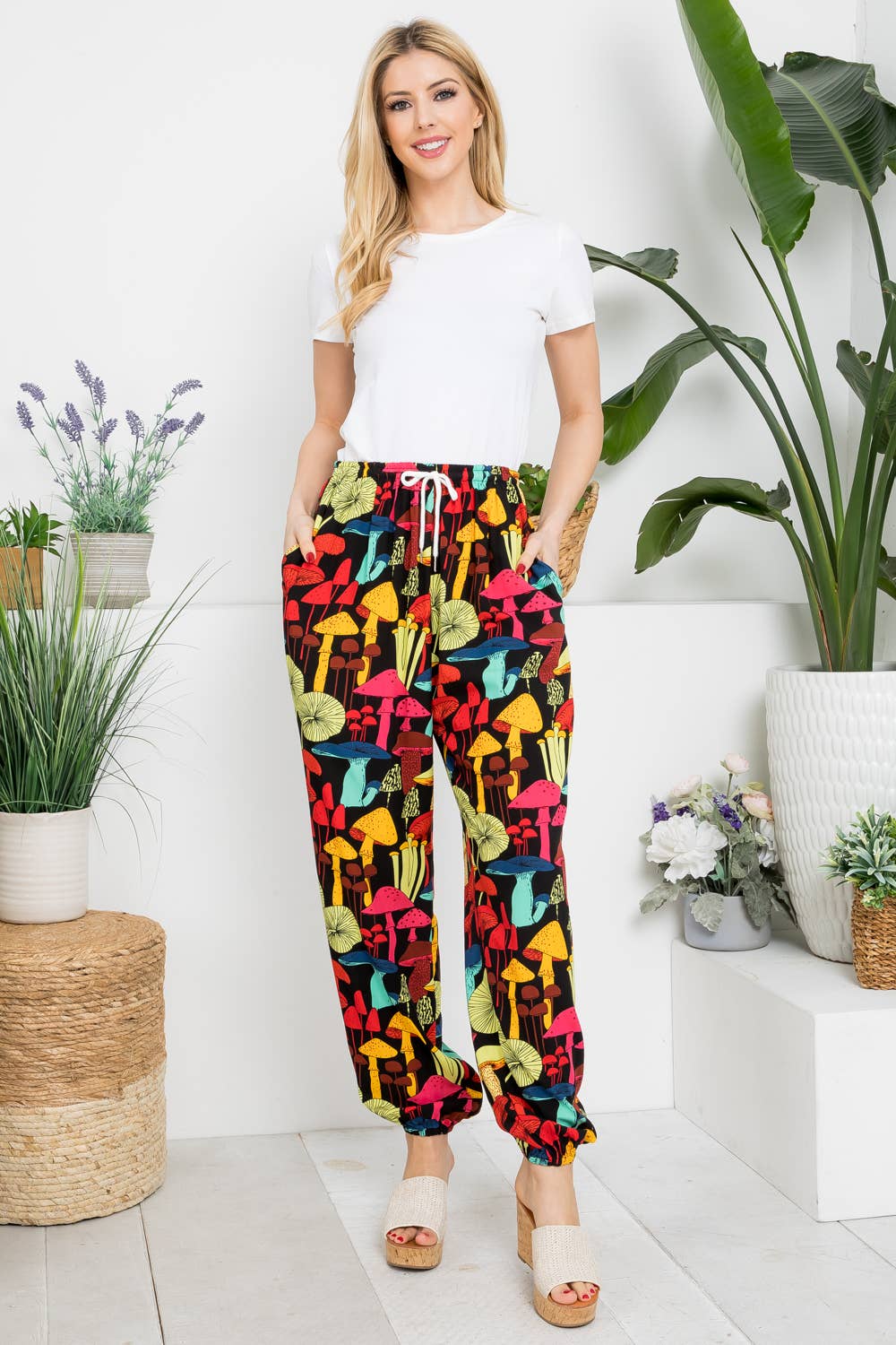 Mushroom Print Pants with Pocket and Drawstring