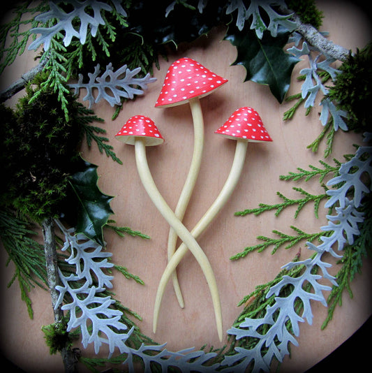 Three dimensional carved wooden mushroom hair stick, red